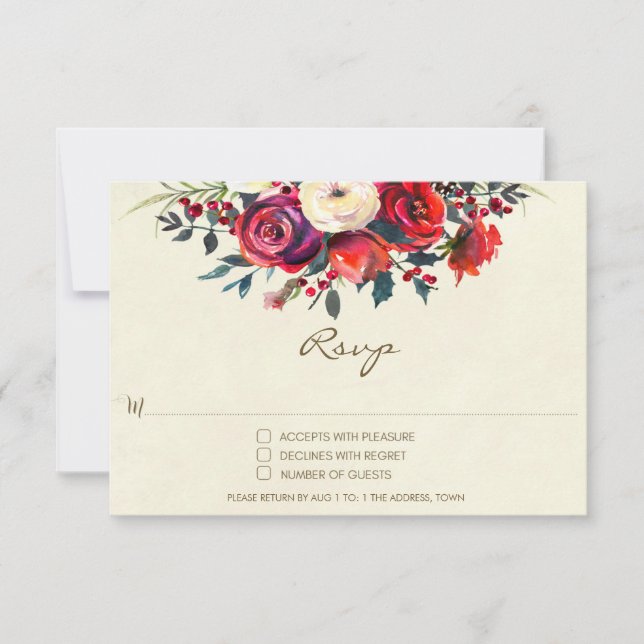 winter wedding RSVP roses berries holiday (Front)