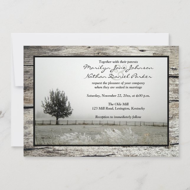 Winter Wedding | Rustic Frost | Fog | Tree | Wood Invitation (Front)