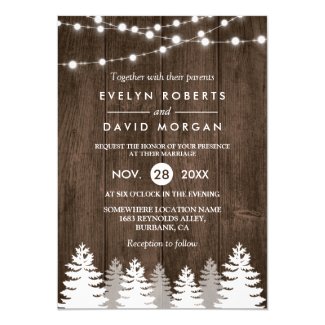 Winter Wedding Rustic Wood String Lights Pine Tree Card