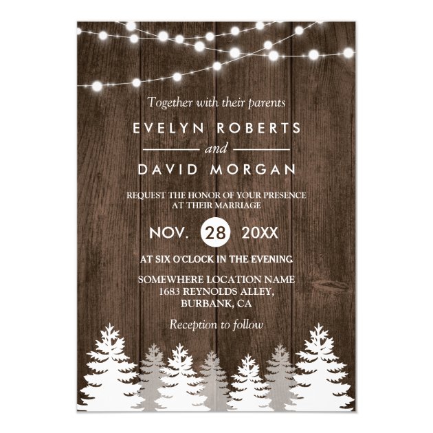 Winter Wedding Rustic Wood String Lights Pine Tree Invitation