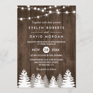 Winter Wedding Rustic Wood String Lights Pine Tree Invitation