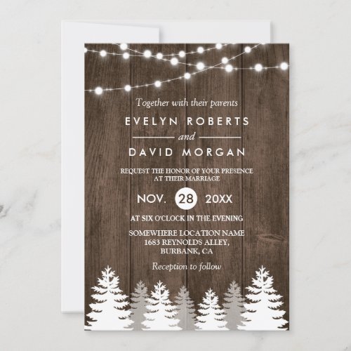 Winter Wedding Rustic Wood String Lights Pine Tree Invitation