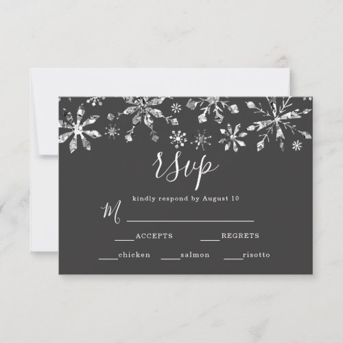 Winter Wedding Silver Black Snowflake RSVP Card
