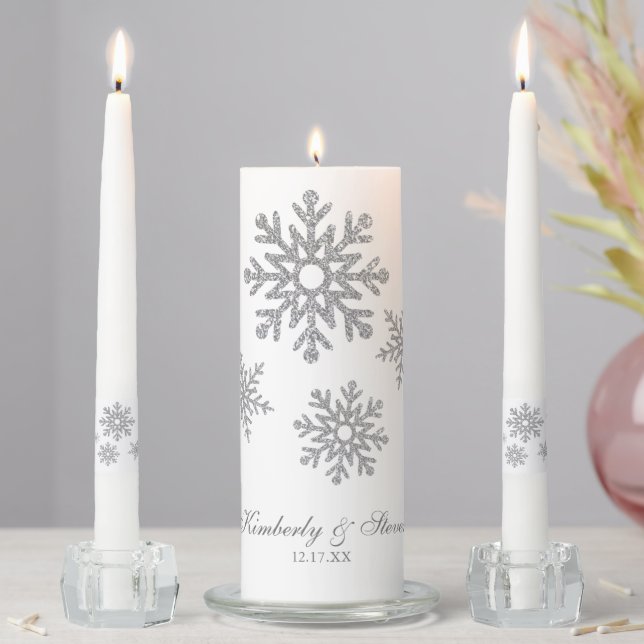 Winter Wedding Silver Snowflakes Unity Candle Set (In Situ)