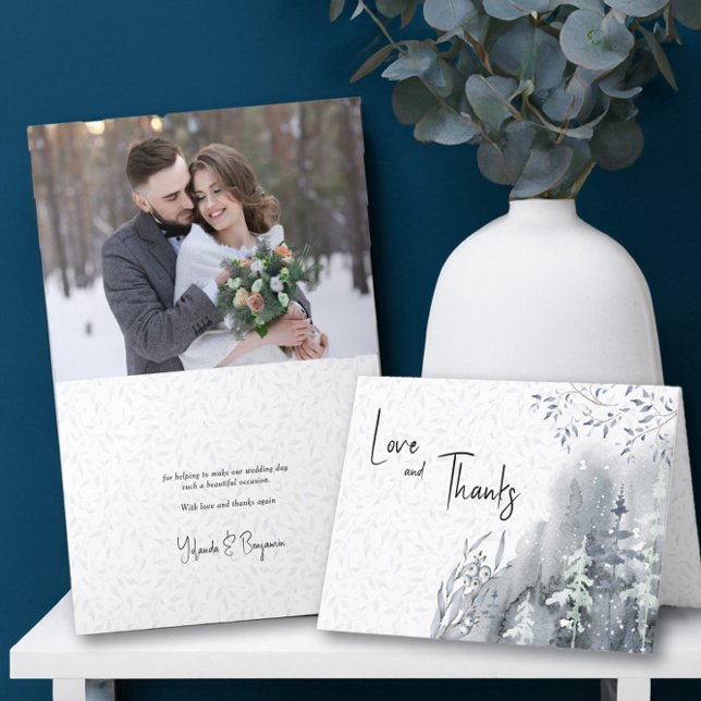Winter Wedding Snow Forest Custom Photo Thank You Card (Wedding photo thank you card from the Snow Forest wedding collection by Darling & May)
