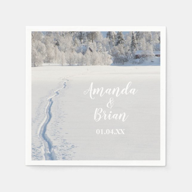 Winter wedding snow ski tracks landscape napkins (Front)