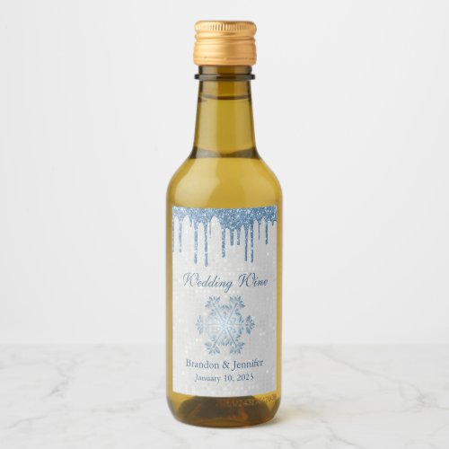 Winter Wedding Snowflake and Blue Glitter Favor Wine Label