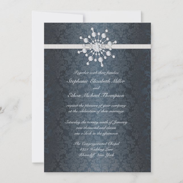 Winter Wedding Snowflake Blue Damask Invitation (Front)