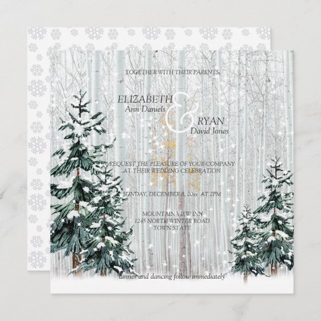 Winter Wedding Sparkle Snowflakes Pine Trees Invitation (Front/Back)