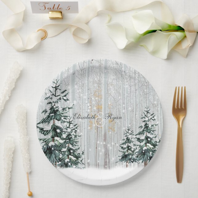 Winter Wedding Sparkle Snowflakes Pine Trees  Paper Plates (Wedding)