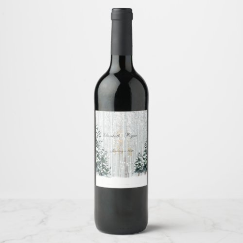 Winter Wedding Sparkle Snowflakes Pine Trees    Wine Label