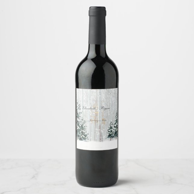 Winter Wedding Sparkle Snowflakes Pine Trees    Wine Label (Front)