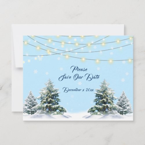 Winter Wedding String Lights Snow CoveredTrees Save The Date