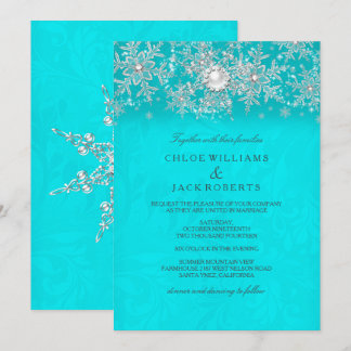 Winter Wedding Teal Crystal Pearl Snowflake Silver Invitation