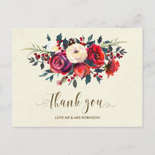 winter wedding thank you roses berries postcard