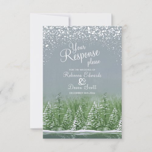 Winter wedding trees art green gray reply card