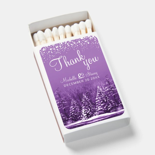 Winter wedding trees thank you purple white matchboxes (Front Open)