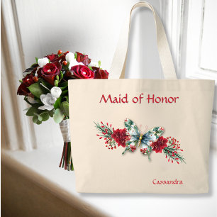 Winter Wedding Vintage Butterfly Poinsettia Large Tote Bag