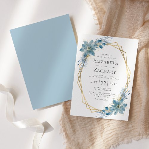 Winter Wedding Watercolor Dusty Blue Floral Invitation