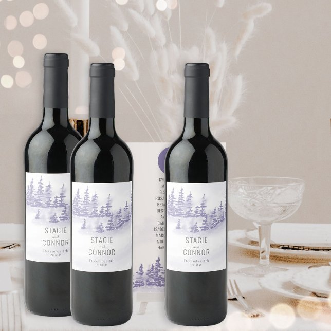 Winter Wedding Watercolor Forest Snow Scene Wine Label (Wedding Wine Bottle Labels from my Winter Forest Lavender Wedding Collection)