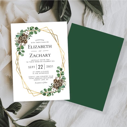 Winter Wedding Watercolor Greenery Pine Cones Invitation