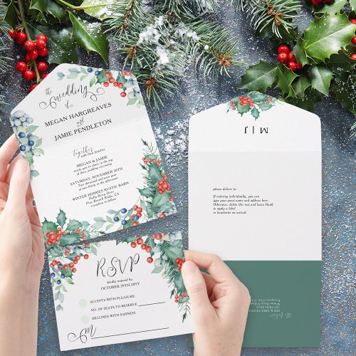 Winter Wedding Watercolor Holly and Berries All In One Invitation