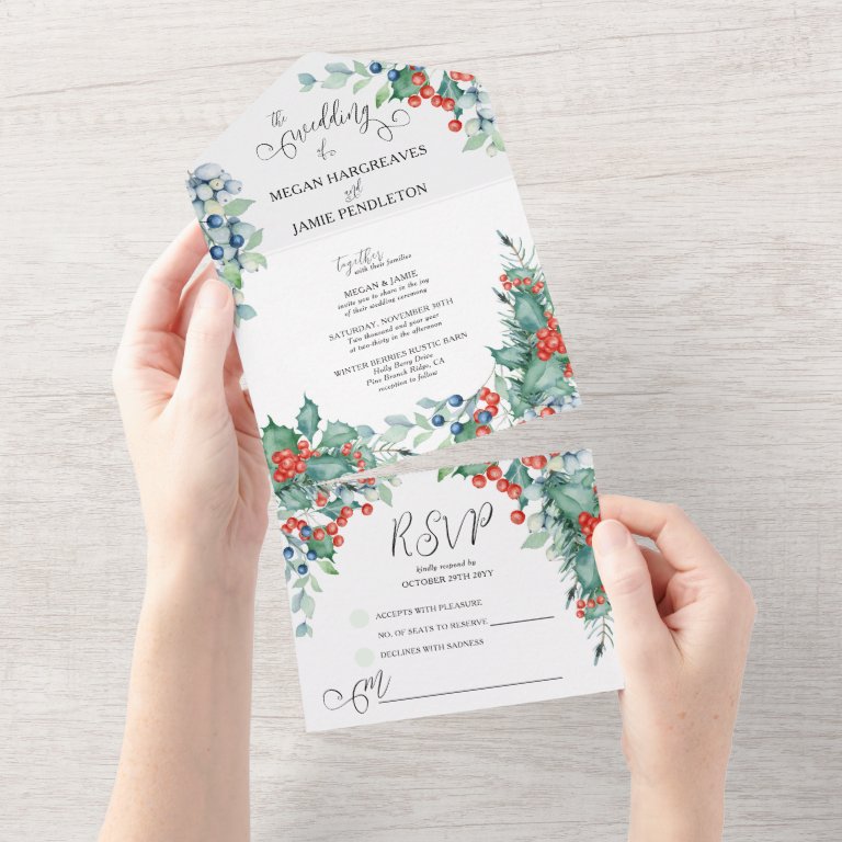 Winter Wedding Watercolor Holly and Berries All In One Invitation