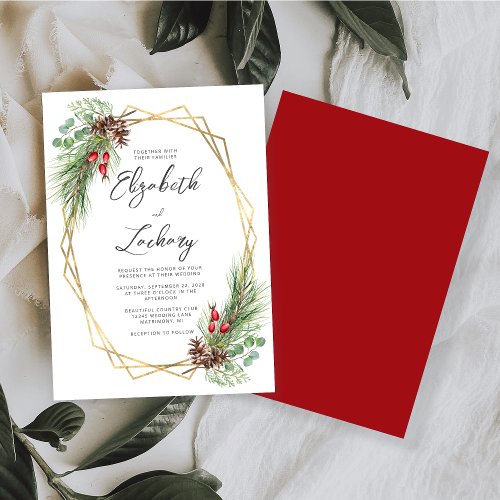 Winter Wedding Watercolor Pine Cones Script Invitation