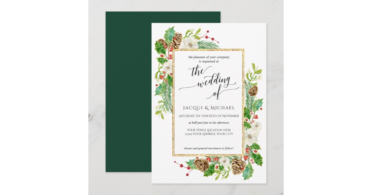 Winter Wedding Watercolor Rose Pine Cone Leaves Invitation | Zazzle
