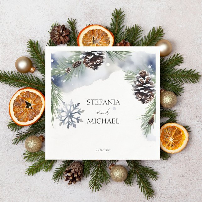 Winter wedding watercolor snowy pines template napkins (Winter wedding template napkins watercolor snowy pines with pine cones simple  style casual font)