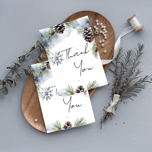Winter wedding watercolor snowy pines thank you card