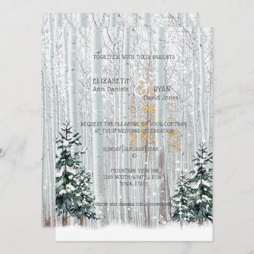 Winter Wedding White Birch Pine Trees Snow Invitation