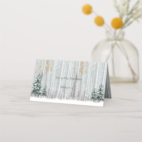 Winter Wedding White Birch Pine Trees Snow Place Card