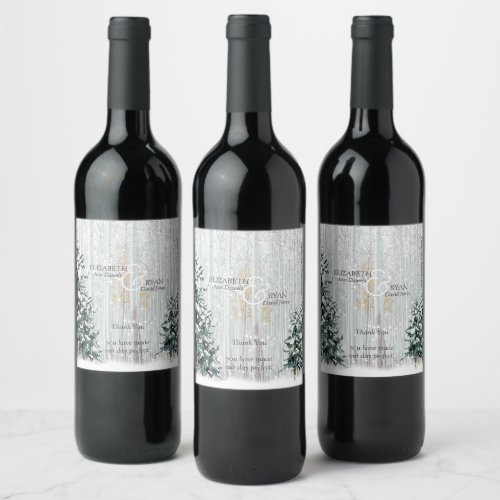 Winter Wedding White Birch Pine Trees Wine Label