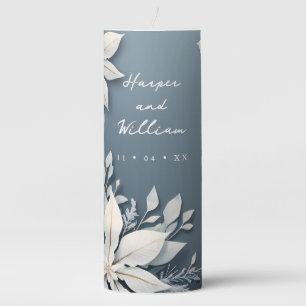 winter wedding white floral on blue pillar candle