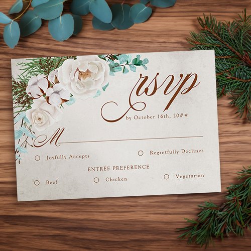 Winter Wedding White Rose RSVP with Meal Options