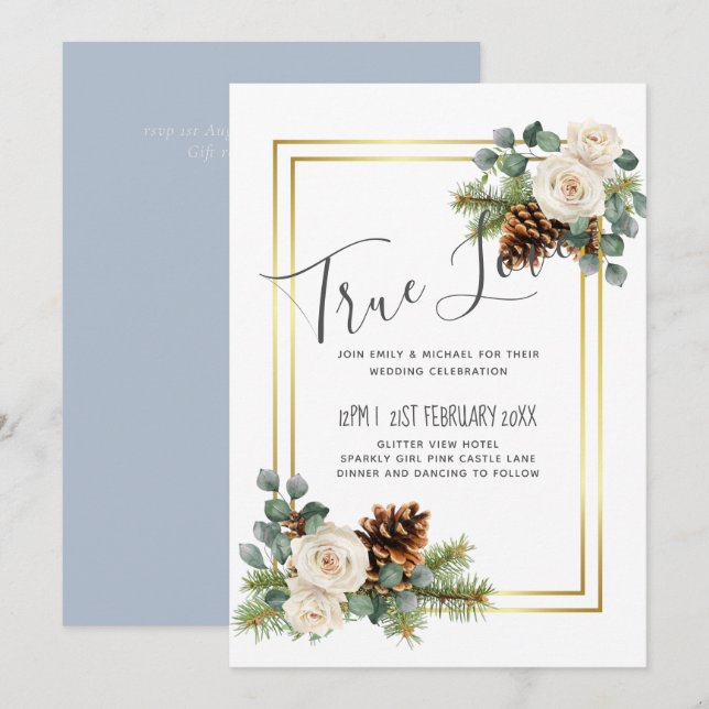 Winter Wedding White Roses Gold Dusty Blue (Front/Back)