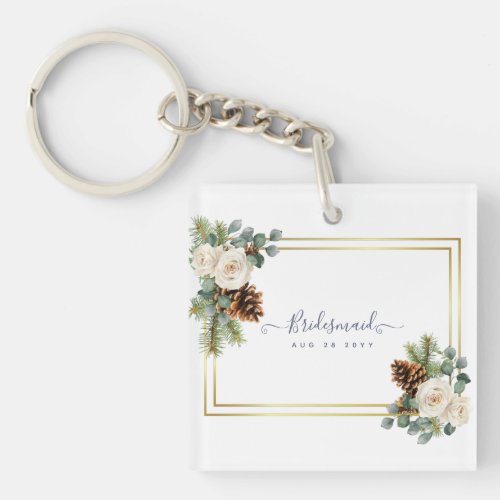 Winter Wedding White Roses Gold Dusty Blue Keychain