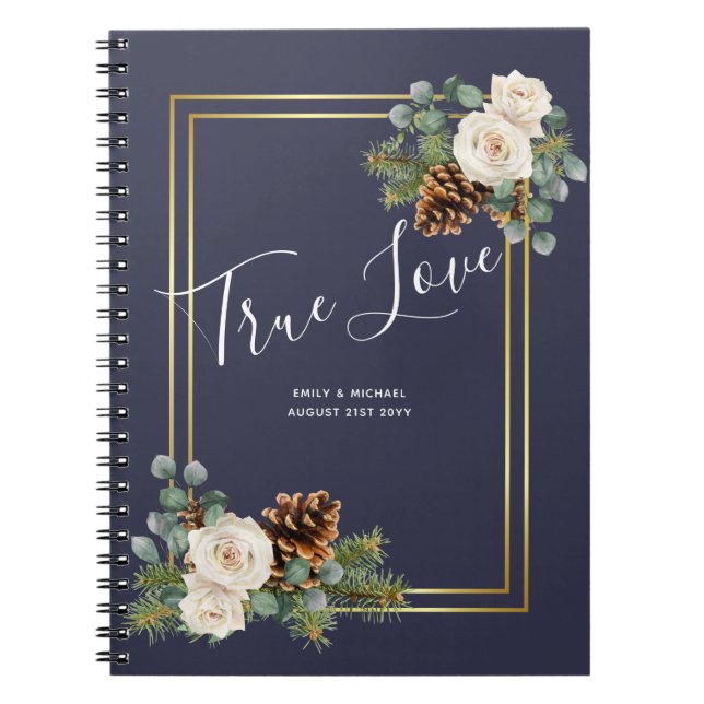 Winter Wedding White Roses Gold Dusty Blue Notebook (Front)