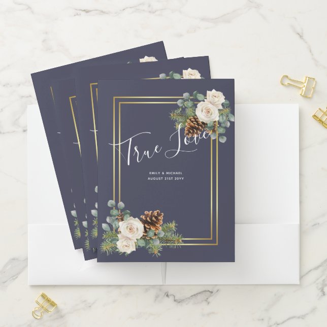 Winter Wedding White Roses Gold Dusty Blue Pocket Folder (In Situ)