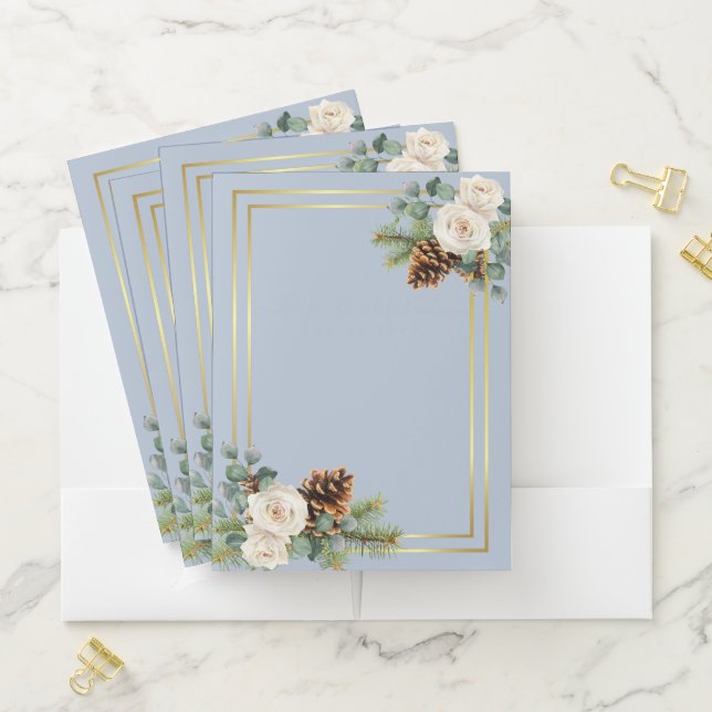 Winter Wedding White Roses Gold Dusty Blue Pocket Folder (In Situ)