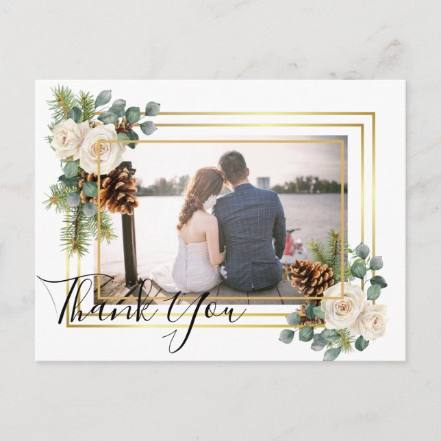 Winter Wedding White Roses Gold Dusty Blue Postcard (Front)