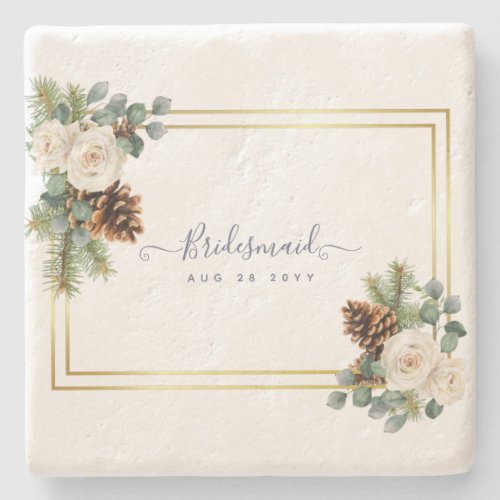 Winter Wedding White Roses Gold Dusty Blue Stone Coaster