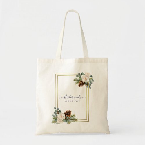 Winter Wedding White Roses Gold Dusty Blue Tote Bag