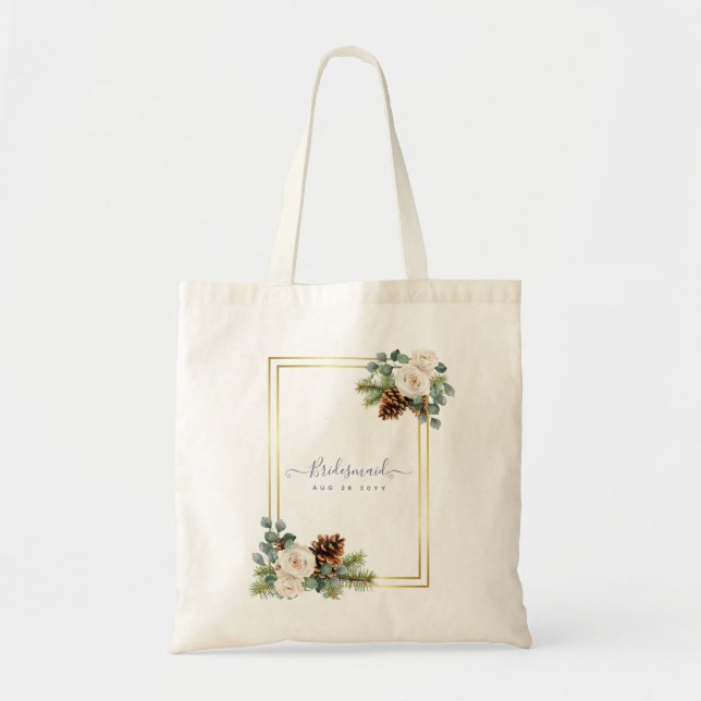 Winter Wedding White Roses Gold Dusty Blue Tote Bag (Front)