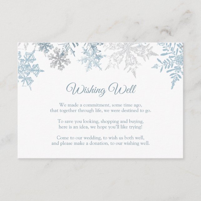 Winter Wedding Wishing Well, Silver Blue Snowflake Enclosure Card (Front)