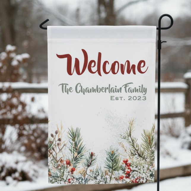 Winter Welcome Garden Flag - Evergreen & Berries (Winter family name garden flag)