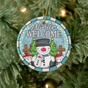 Winter Welcome Snowman Family Christmas Ceramic Ornament