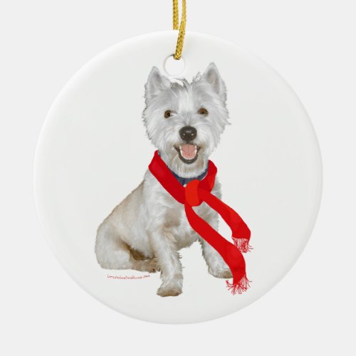 Winter Westie in a Red Scarf Ceramic Ornament