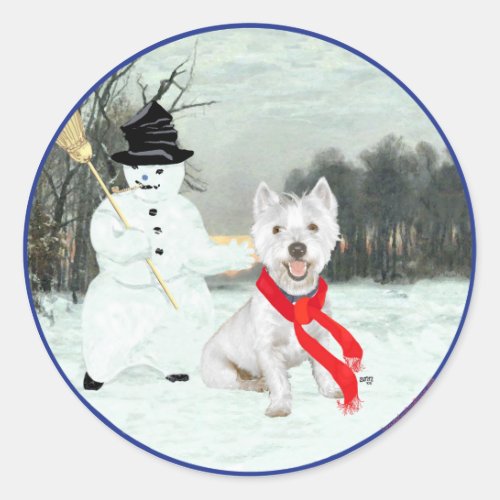 Winter Westie with a Snowman Classic Round Sticker